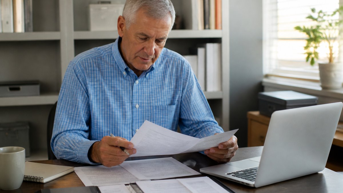 Person reviewing documents for their Medicare Initial Enrollment Period on a laptop at a home desk