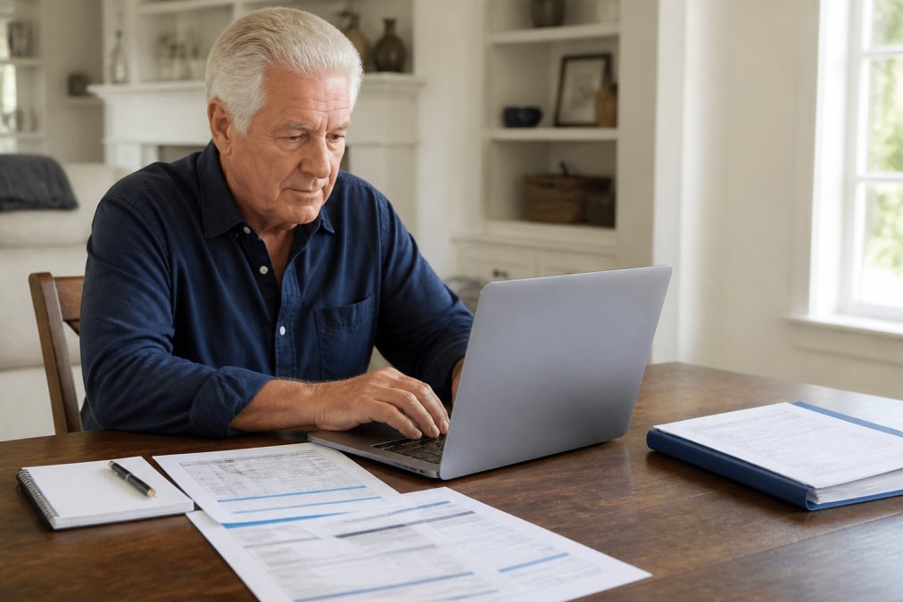 Mature adult using a laptop to complete a Medicare application during their initial enrollment period