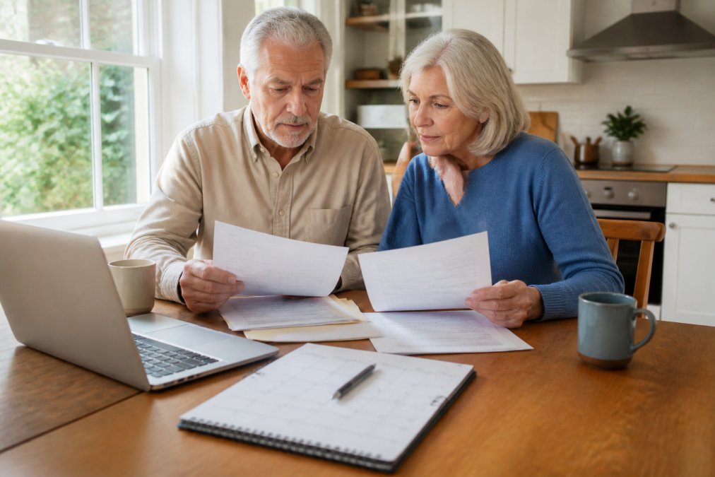 Older adult couple reviewing Medicare enrollment documents together at a kitchen table with a calendar and laptop visible, natural morning light streaming through the window