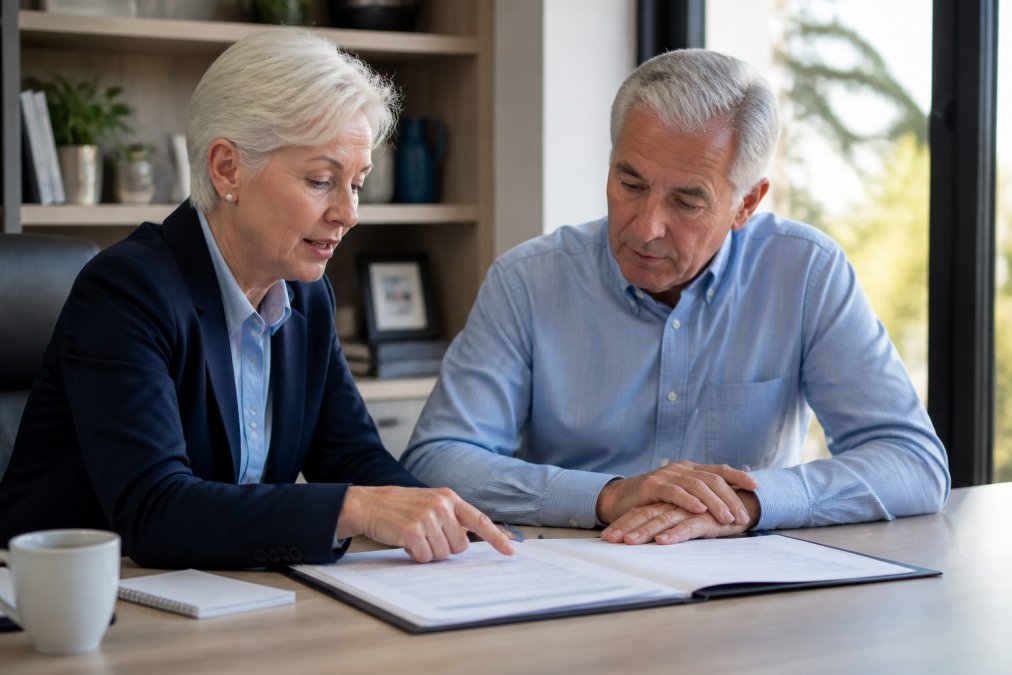 Financial advisor or healthcare professional meeting with a mature client in a bright office setting, reviewing Medicare enrollment paperwork and discussing options at a desk with a calendar visible