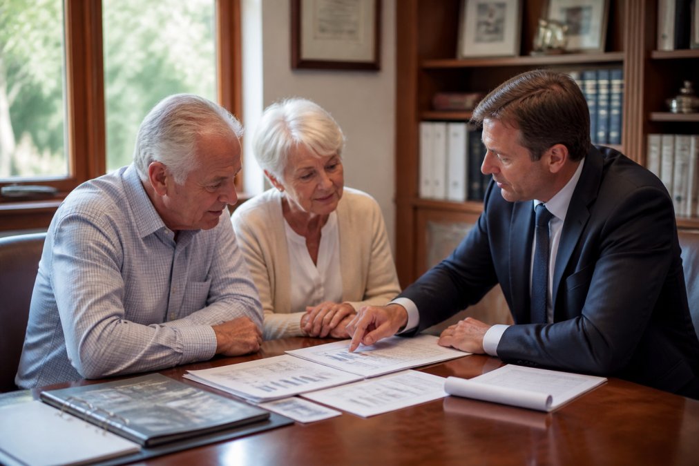 Older adult couple meeting with a financial advisor in a professional office, reviewing Medicare documents and retirement planning materials together, natural office lighting