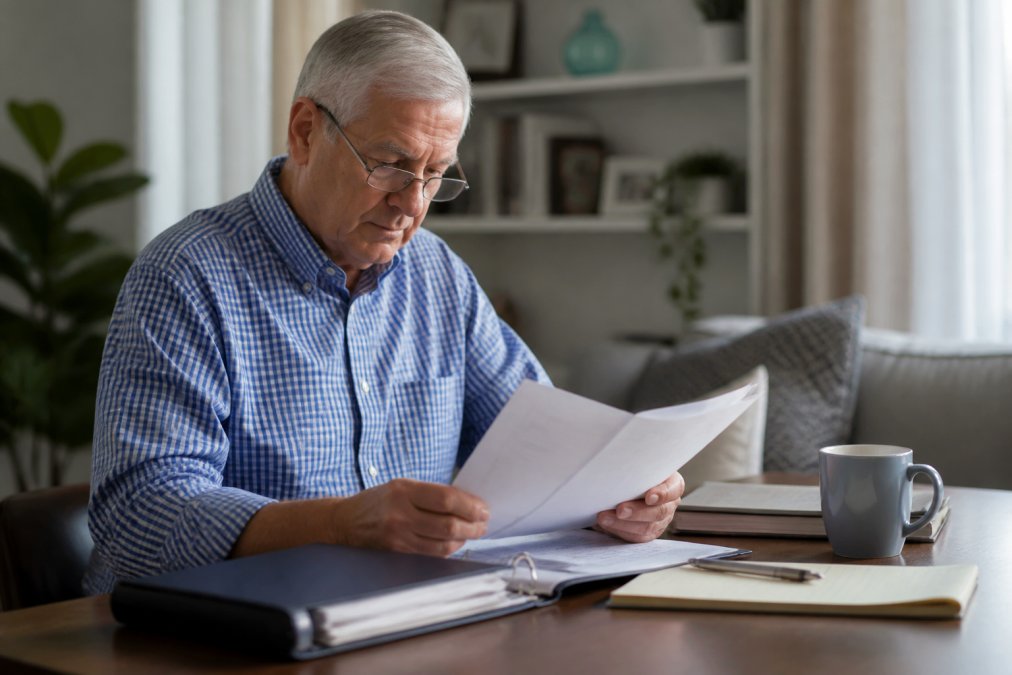 Retired person at home reviewing financial documents and using a secure online portal on their computer to organize important files and retirement planning materials