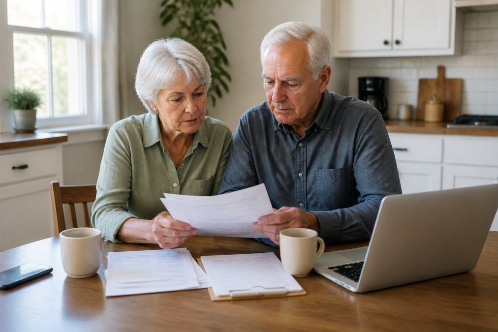 A senior couple reviewing plan documents together at a kitchen table with a laptop and coffee mugs nearby, warm afternoon light through the window