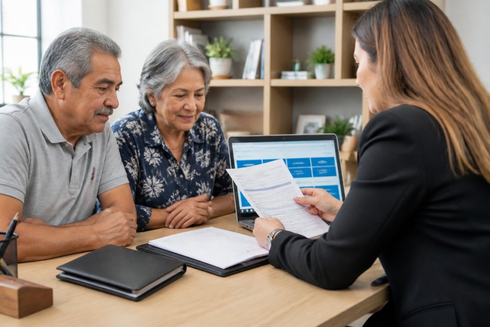 A friendly senior couple reviewing documents with a licensed insurance agent at a clean, well-lit office desk, with a laptop showing a Medicare plan comparison page