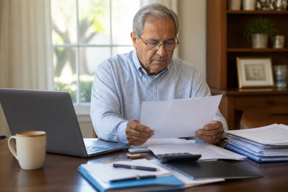 Older adult sitting at desk surrounded by Medicare documents, insurance forms, and a laptop displaying healthcare information, reviewing paperwork with focused attention in natural daylight