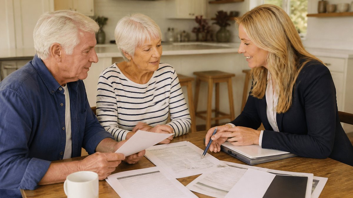 A senior couple at a kitchen table reviewing insurance paperwork with a licensed agent across from them, laptop open, relaxed and focused conversation, warm natural light