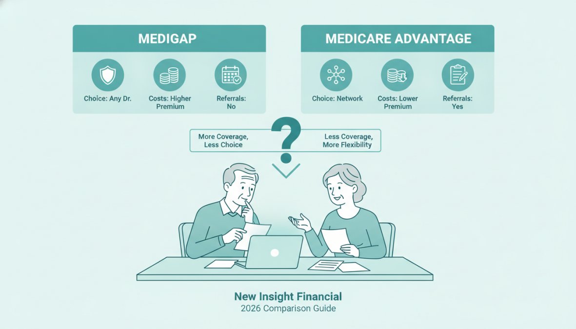 Older adult couple reviewing healthcare documents and a laptop together at their kitchen table, looking thoughtful and engaged in conversation