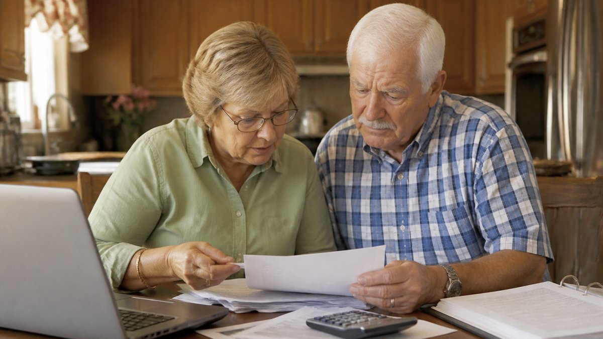 A senior couple at a kitchen table with a laptop, paperwork, and a calculator, reviewing plan documents together in a warm home setting