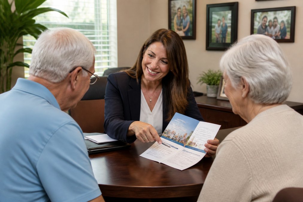 Friendly insurance agent explaining medicare vs covered california options to an older couple in an office
