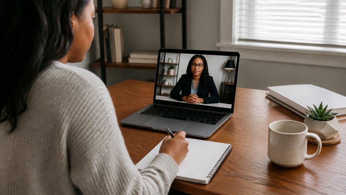 Woman taking notes during a virtual session with a provider for medication management and therapy same provider.