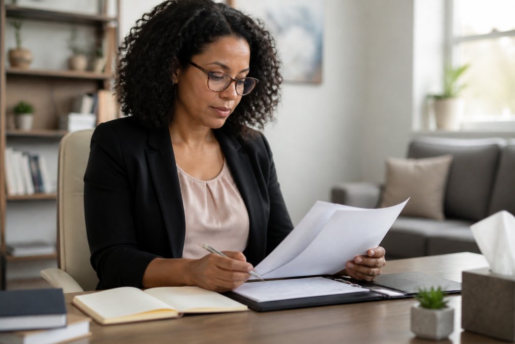 Mental health professional reviewing patient treatment notes on computer screen in modern clinical office with natural lighting