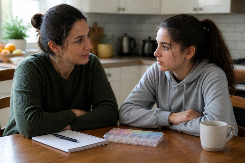 Process flowchart for managing adolescent mood disorders through parental support and medication tracking.
