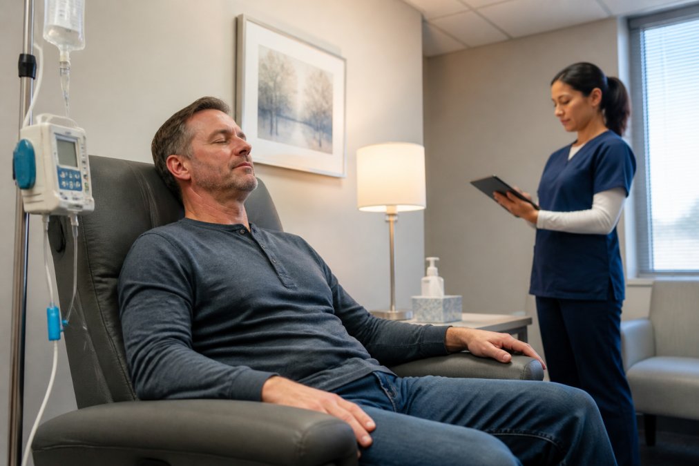 Nurse reviewing medication management notes in a calm clinical room with a reclining chair and medical monitors.