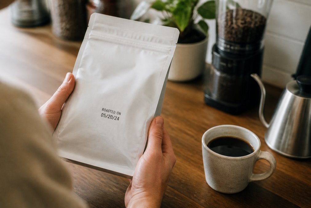 Close-up of hands holding a coffee bag with a clearly visible roast date stamp, next to a cup of black coffee on a wooden kitchen counter