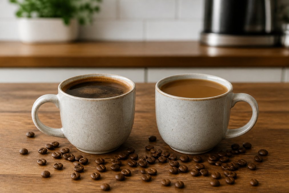 Two ceramic cups with espresso and drip coffee for a Medici Roasting vs Lucky Goat taste comparison.