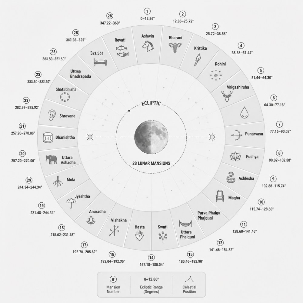 Circular diagram showing the 28 lunar mansions arranged around the ecliptic path, with specific degree ranges labeled (0-12.86°, 12.86-25.72°, etc.) and mansion names positioned at their celestial coordinates