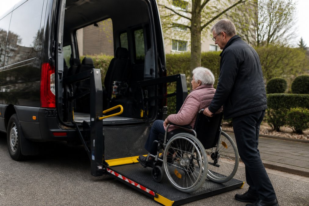 Ervaren chauffeur helpt oudere rolstoelgebruiker voorzichtig in aangepaste taxi met laadklep, vriendelijke en professionele sfeer, daglicht