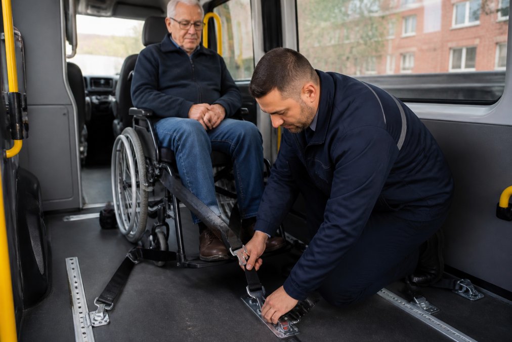 Gecertificeerde chauffeur in uniform die zorgvuldig een rolstoel vastmaakt met veiligheidsriemen in een toegankelijke bus uitgerust met een rolstoellift, warme binnenverlichting