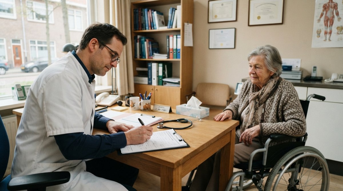 Huisarts schrijft medische verklaring voor medisch vervoer rolstoelgebruikers tijdens consult in de spreekkamer