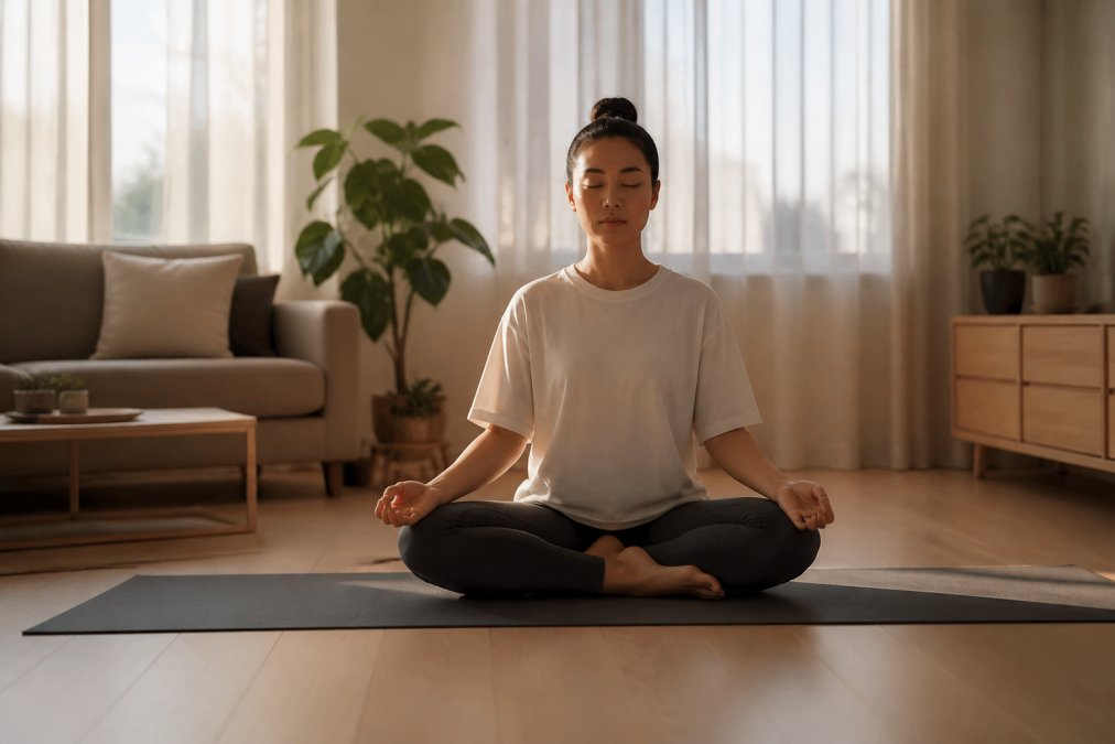 A person sitting cross-legged on a yoga mat in a calm, softly lit living room, eyes closed, hands resting gently on their knees in a relaxed meditation posture, warm afternoon light filtering through sheer curtains