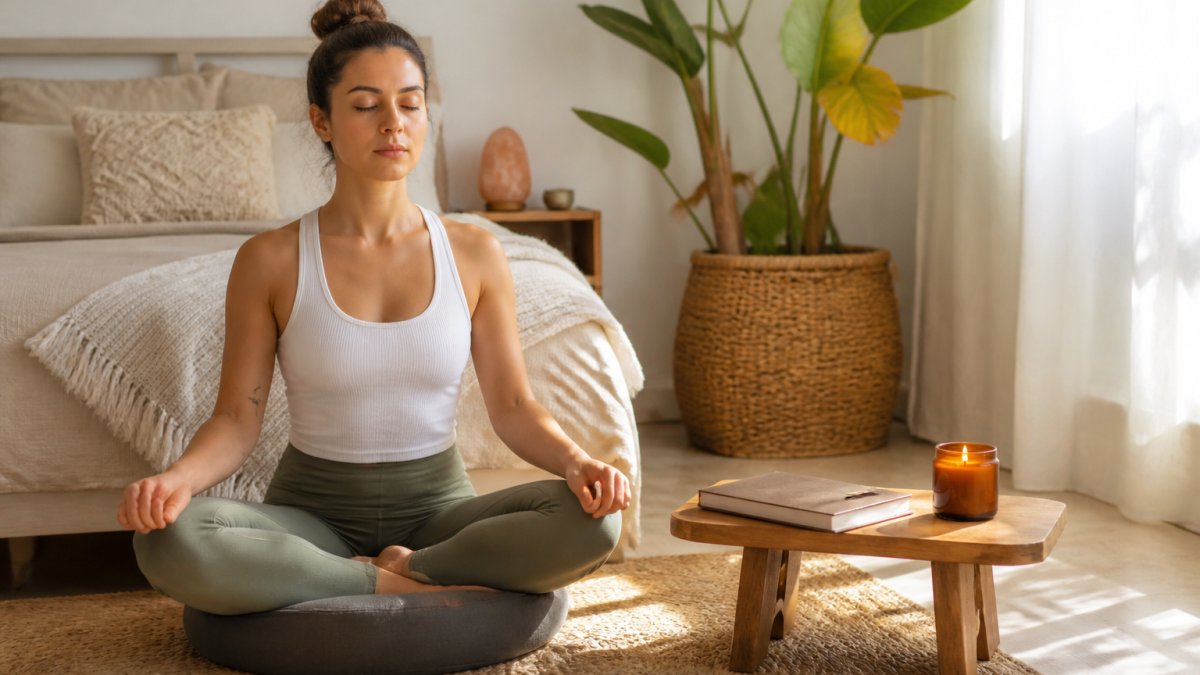 A woman in her late 20s sitting cross-legged on a round meditation cushion in a sunlit corner of a bedroom, eyes closed, hands resting on her knees, with a small candle and journal on a low wooden table beside her