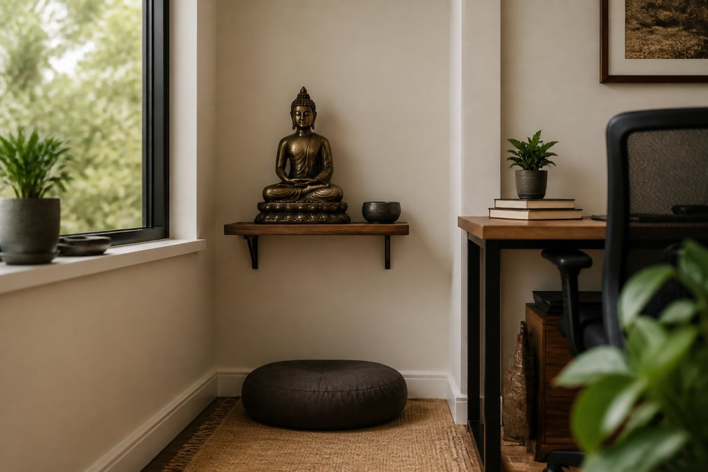 Bronze Buddha statue on a shelf providing ideal meditation statue placement in a serene home office corner.