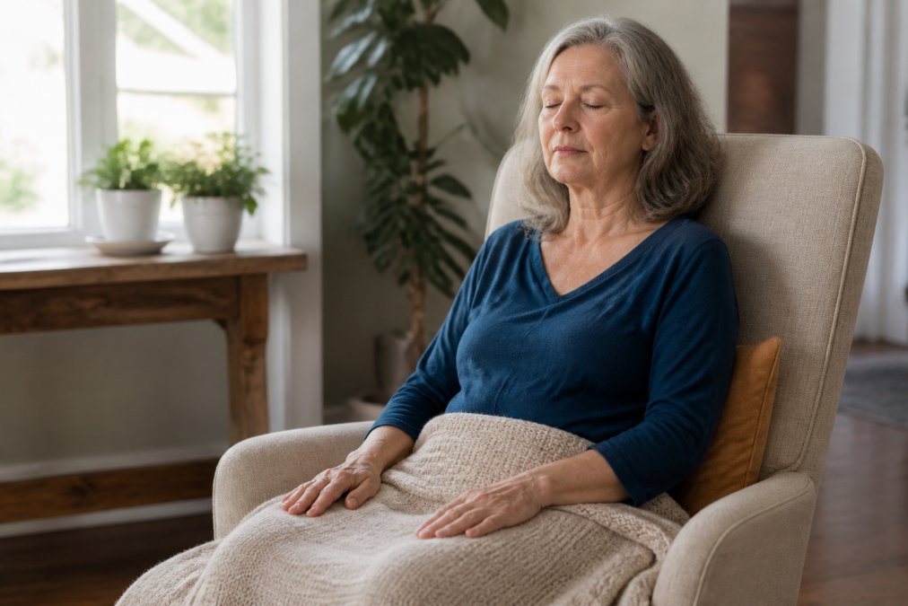 A woman in her late 50s seated in a supportive armchair with a cushion behind her lower back, eyes closed, hands resting on her thighs, practicing a body scan in a calm, softly lit living room with a blanket over her legs