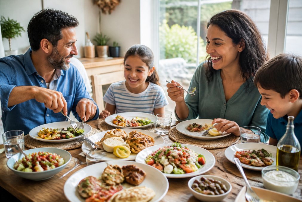 Family gathered around a dining table enjoying a Mediterranean meal together, with fresh vegetables, whole grains, olive oil-based dishes, and colorful salads visible on white plates, warm natural lighting from a window