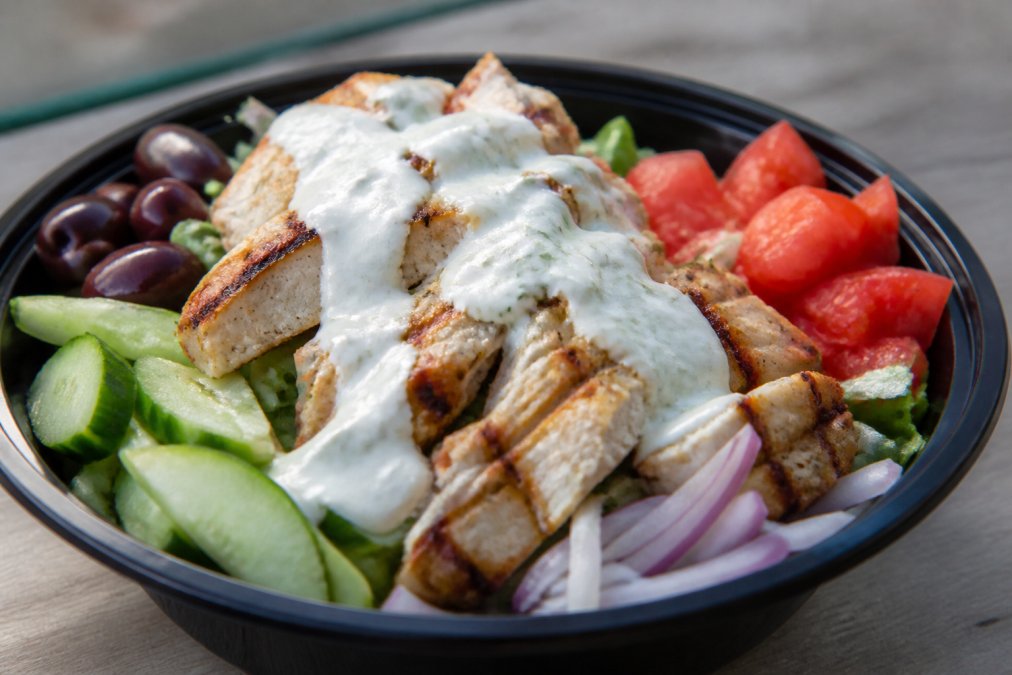 Professional illustration showing Close, Mediterranean for mediterranean diet friendly takeout