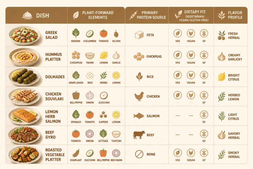 Matrix showing Mediterranean menu options with columns: Dish, Plant-Forward Elements, Primary Protein Source, Dietary Fit (Vegetarian/Vegan/Gluten-Free), Flavor Profile