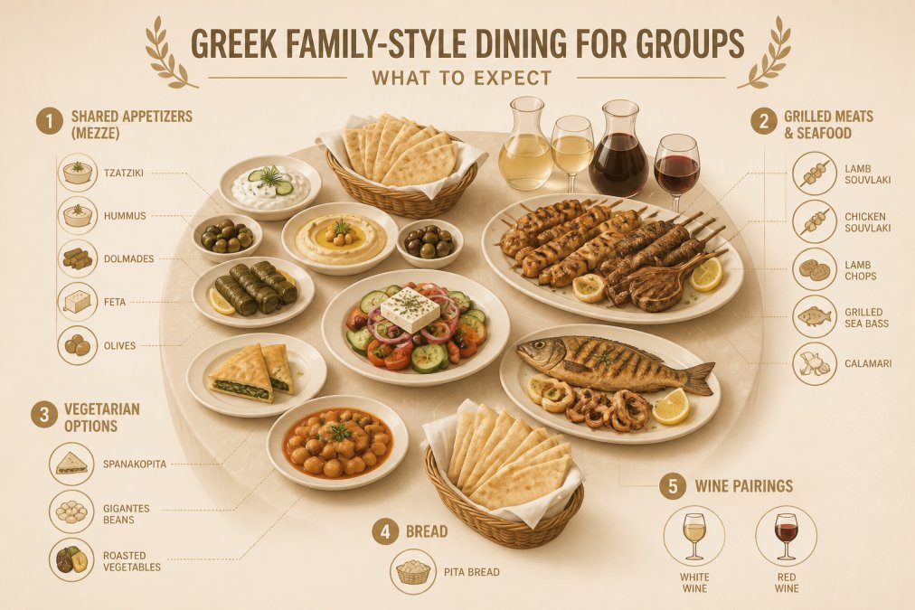 Watercolor illustration of a Greek family-style table spread with shared mezze platters including olives, feta, grilled lamb, branzino, saganaki, horta, and warm pita bread arranged in the center