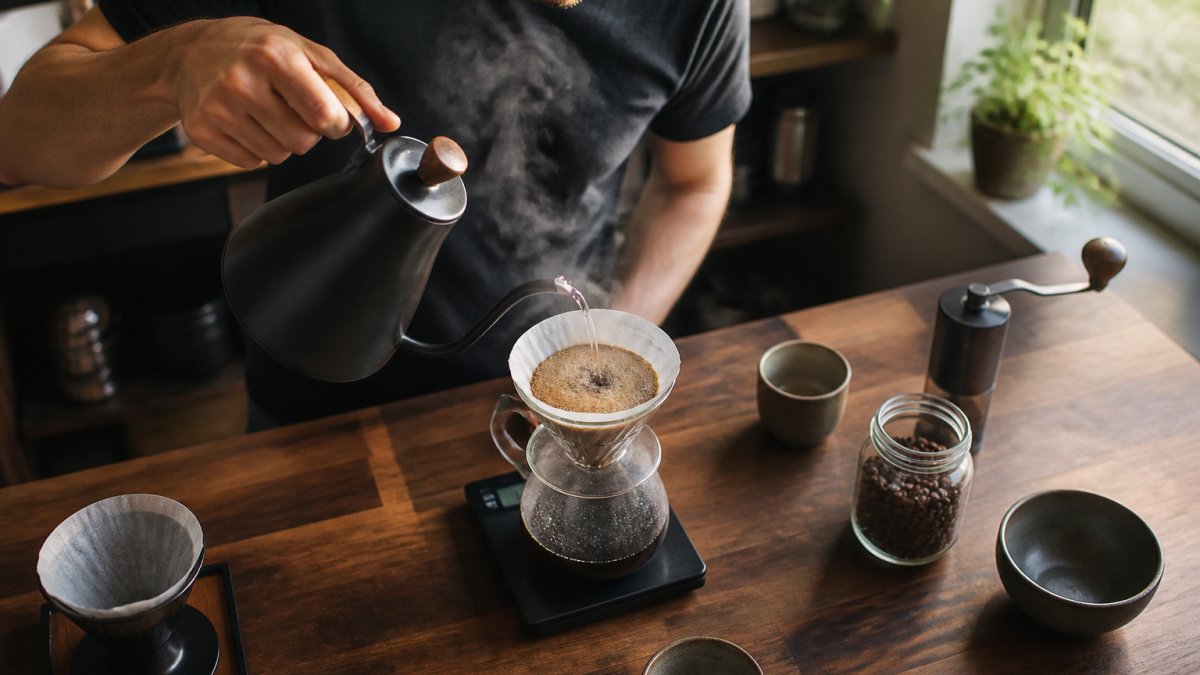 Overhead shot of hands pouring hot water from a gooseneck kettle into a pour-over dripper filled with medium grind coffee, steam rising, on a wooden kitchen counter with a digital scale visible