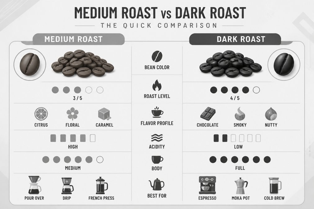 Infographic chart comparing the flavor profiles and visual characteristics of medium and dark roast coffee beans.