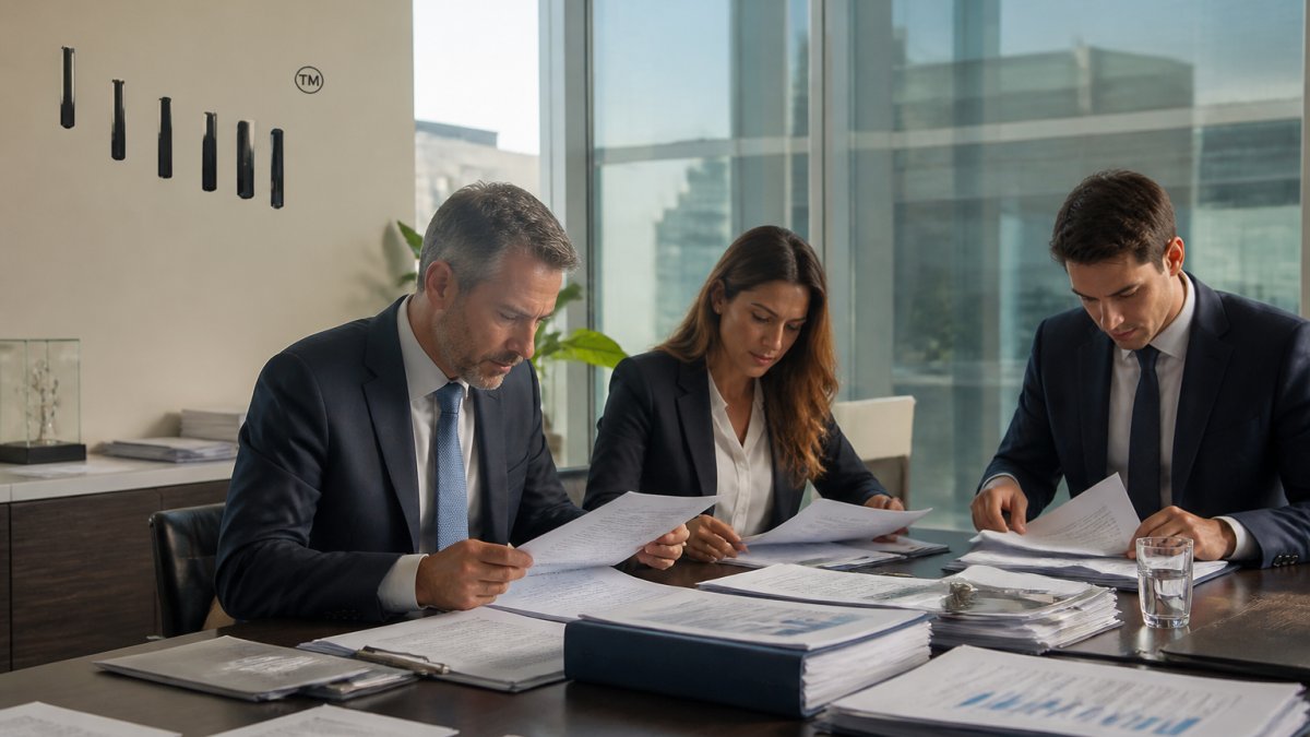 Professional investors and finance team reviewing investment documents and financial statements in a modern institutional office setting