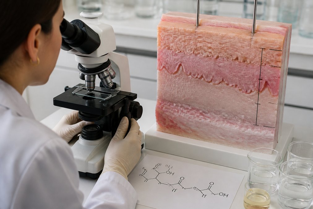 Dermatologist examining skin sample under magnification showing visible layers of epidermis and dermis with depth markers indicating where medium and deep peels penetrate, with chemical formulas for glycolic acid, lactic acid, TCA, and phenol overlaid