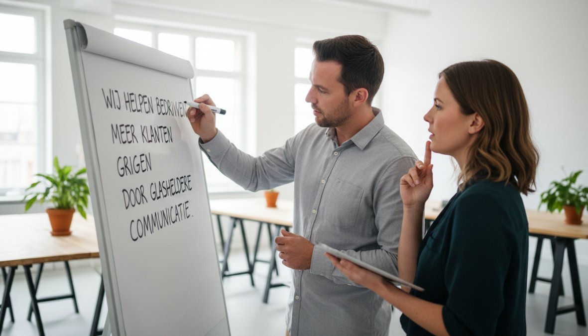 Een ondernemer schrijft op een whiteboard een korte, krachtige zin terwijl een collega meekijkt in een licht en modern kantoor, warm daglicht valt door een groot raam naar binnen