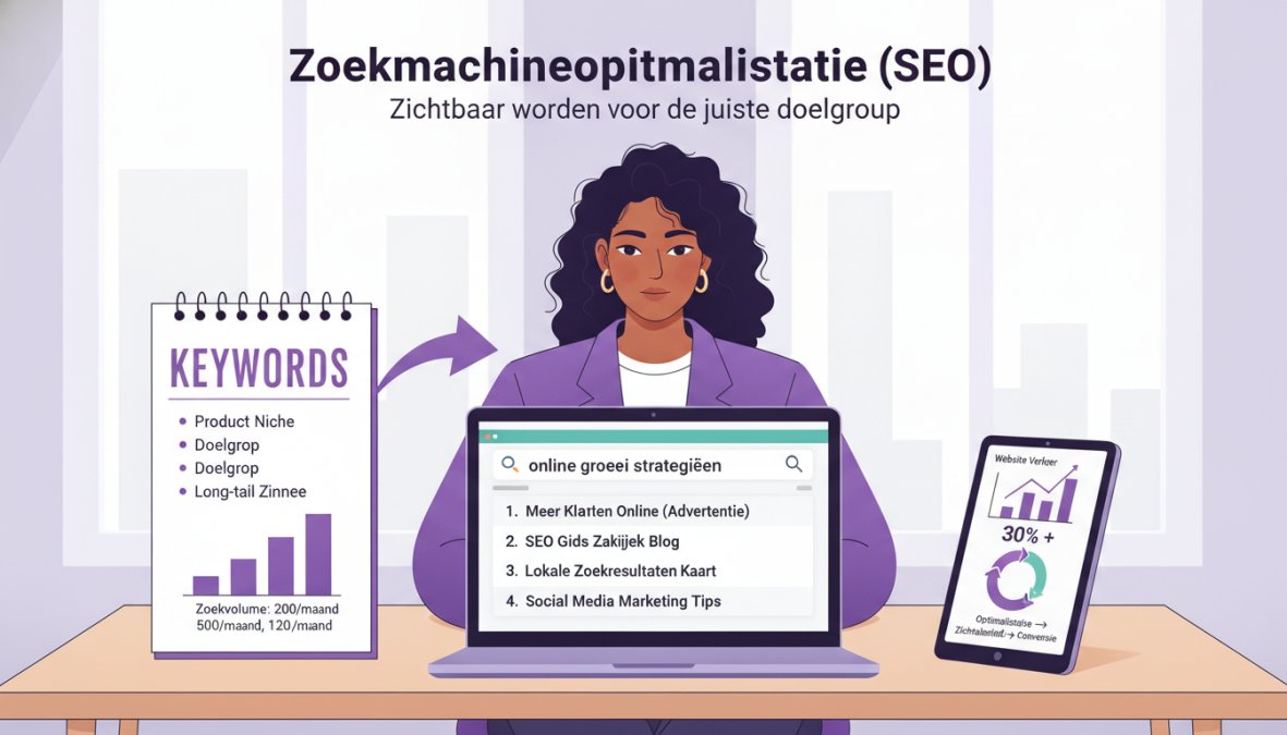 Een gefocuste ondernemer zit aan een bureau [met een](/bouw-vertrouwen-en-zichtbaarheid-met-een-portfolio/) laptop waarop Google-zoekresultaten zichtbaar zijn, naast een notitieboek met zoekwoorden, in een lichte moderne thuiskantooromgeving