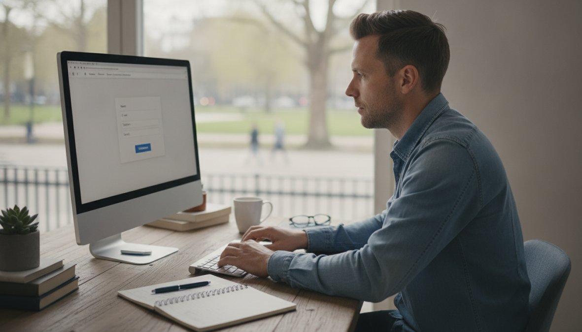 Close-up van handen op een laptop met een websitecontactformulier op het scherm, een koffiekopje en smartphone naast een schoon houten bureau