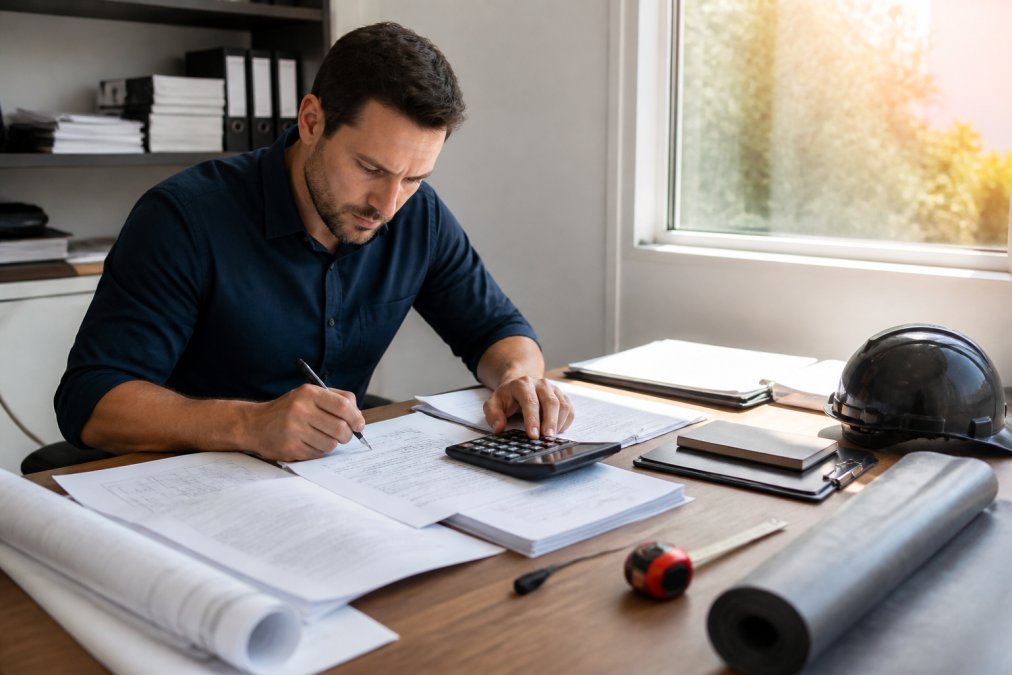 Bouwprofessional zittend aan een bureau met offertedocumenten, calculator en laptop, gefocust op het uitwerken van een gedetailleerde offerte met zonlicht door het raam