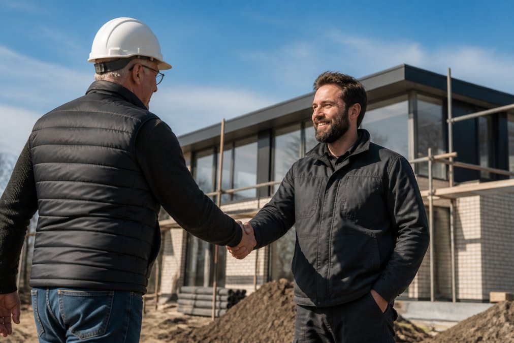 Twee bouwprofessionals schudden handen op een bouwplaats met voltooide werkzaamheden en blauwe lucht op de achtergrond, na succesvolle projectafronding