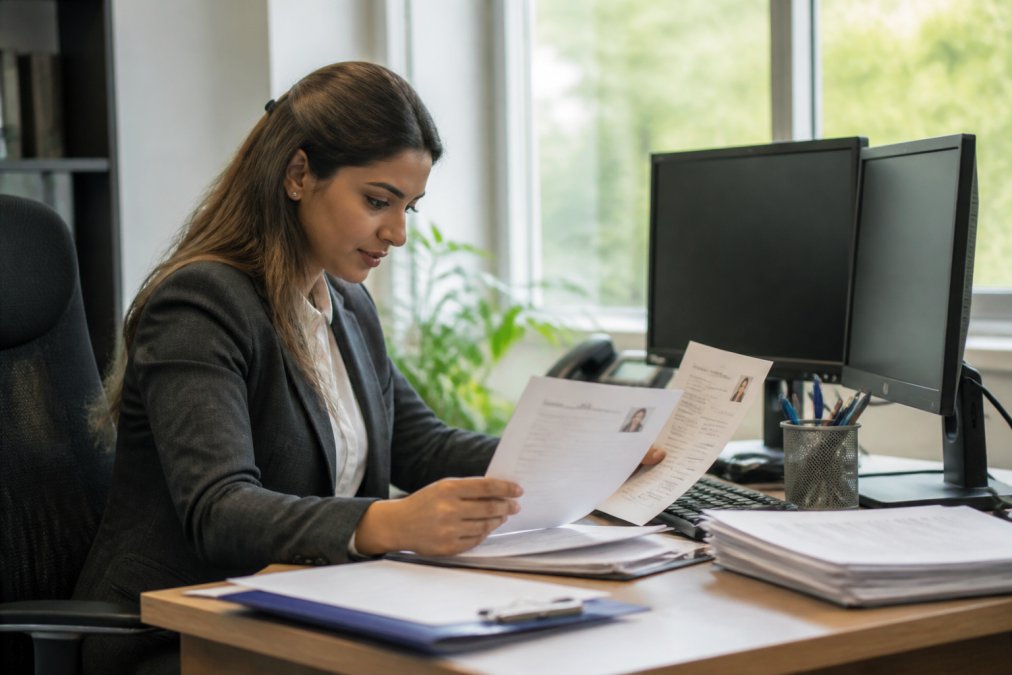 Professional recruitment consultant reviewing candidate profiles and CVs at desk with multiple monitors, assessing applications in modern office with natural light
