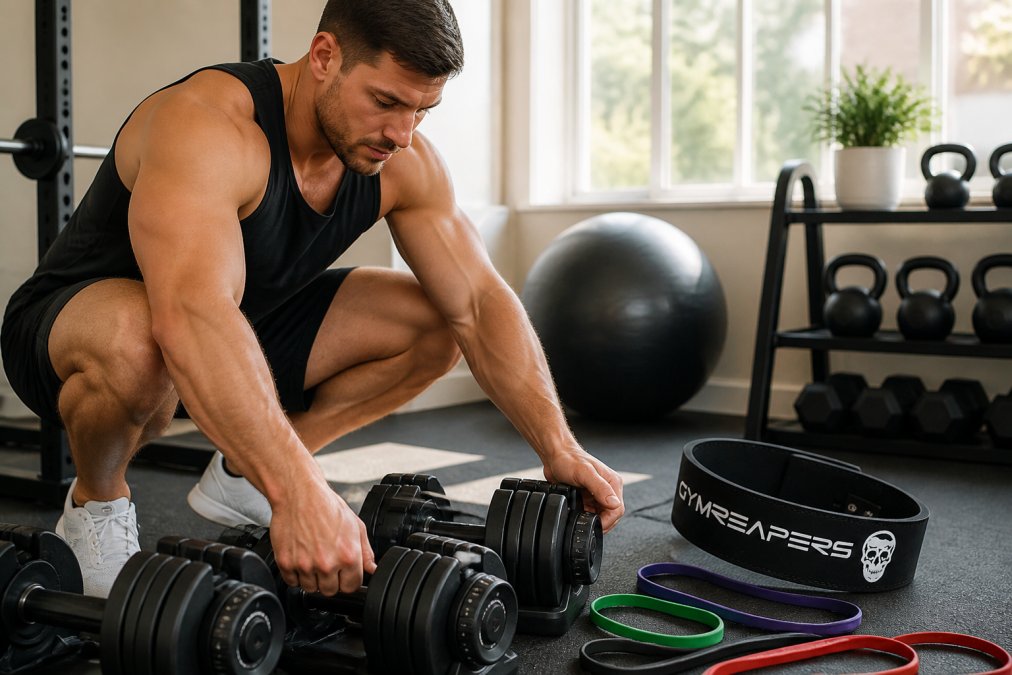 Focused athlete arranging adjustable dumbbells and resistance bands in a bright home workout space with natural morning light streaming through windows, showing proper equipment organization