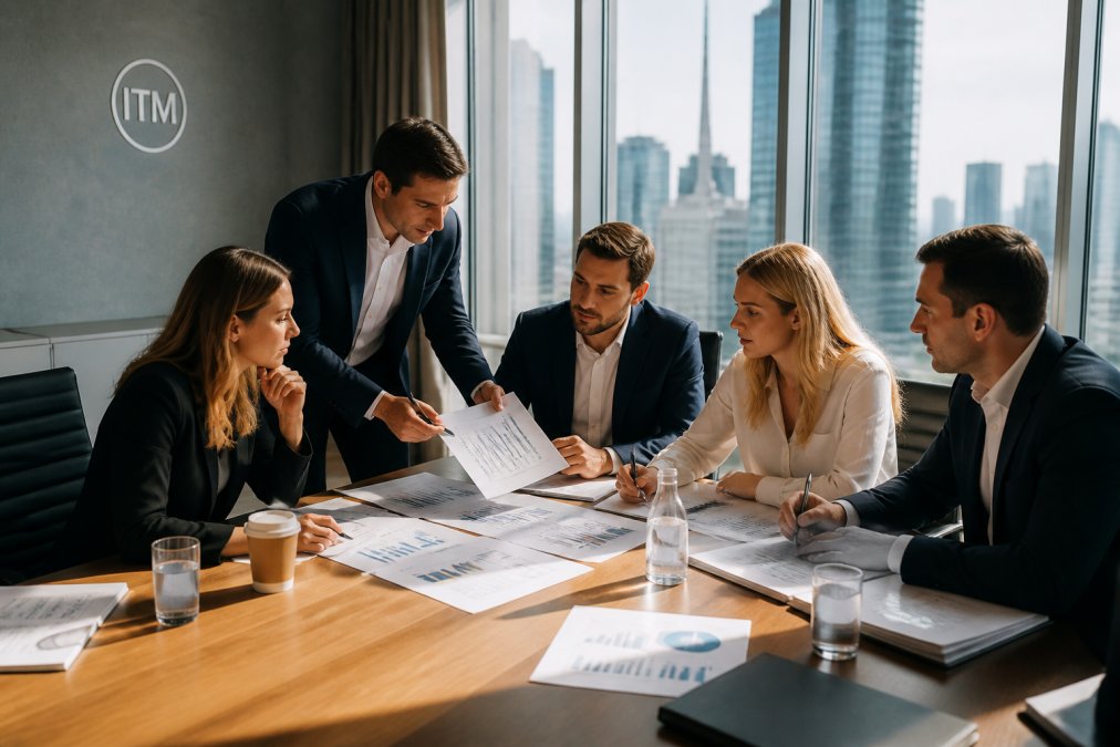 A team of finance professionals in a modern boardroom reviewing risk assessment documents and charts on a large screen, with a city skyline visible through the window