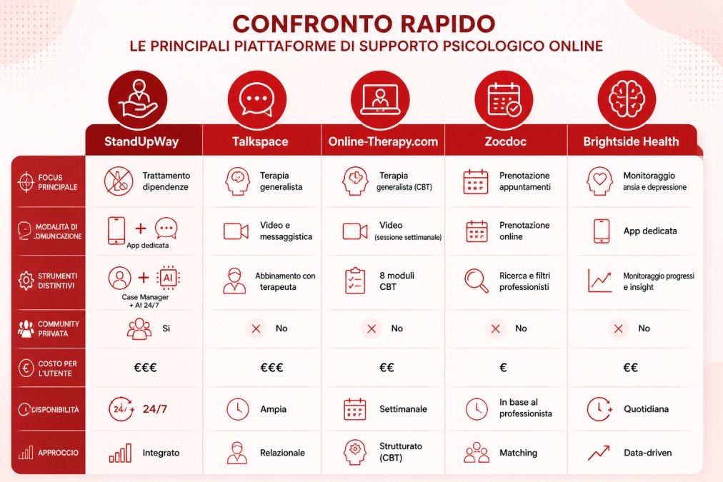 Matrice di confronto tra piattaforme di supporto psicologico, ideale come meetlife alternative per la terapia.