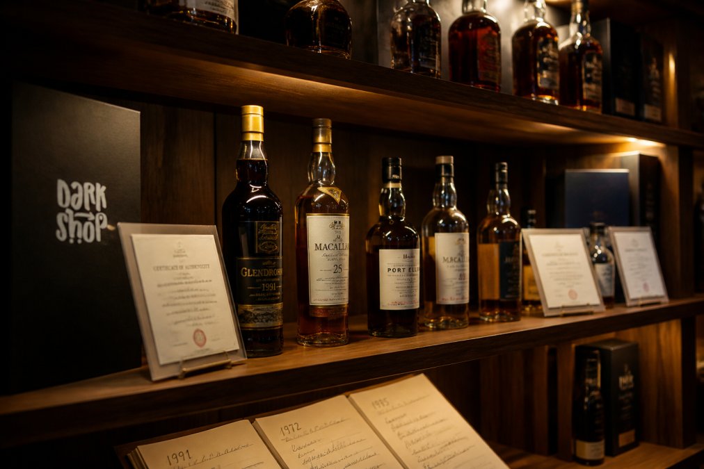 Kolekcja butelek whisky kolekcjonerskiej ułożona na drewnianym regale z certyfikatami autentyczności i notatkami o roku produkcji, oświetlona miękkim światłem