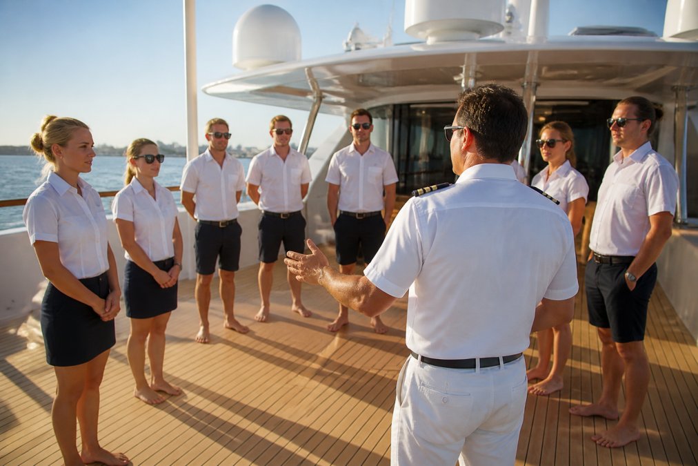 Professional yacht captain in white uniform conducting morning briefing with crew members on spacious teak deck, natural morning sunlight illuminating the bridge area