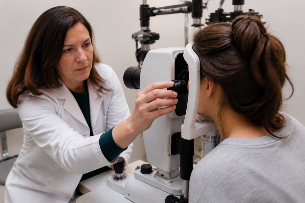 Eye specialist using thermal imaging to assess eyelid health for meibomian gland dysfunction treatment cost planning