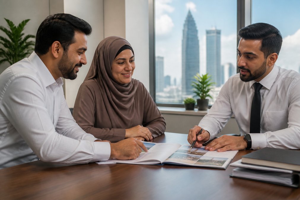 Conseiller en agence aidant un couple sur la plateforme NUSUK pour un accompagnement logistique Hajj.