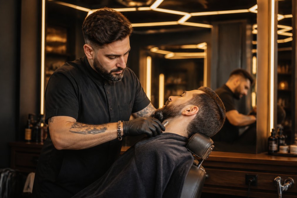 Un barbier professionnel taillant la barbe d'un client avec précision dans un salon moderne et luxueux, lumière chaleureuse, reflet dans le miroir