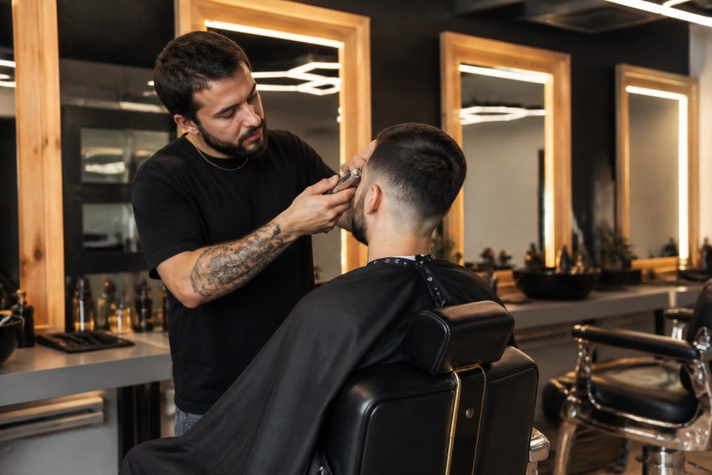 Un barbier expérimenté effectuant une coupe dégradé précise sur un client assis dans un fauteuil de barbier luxueux, dans un salon moderne avec éclairage chaleureux et miroirs encadrés de bois